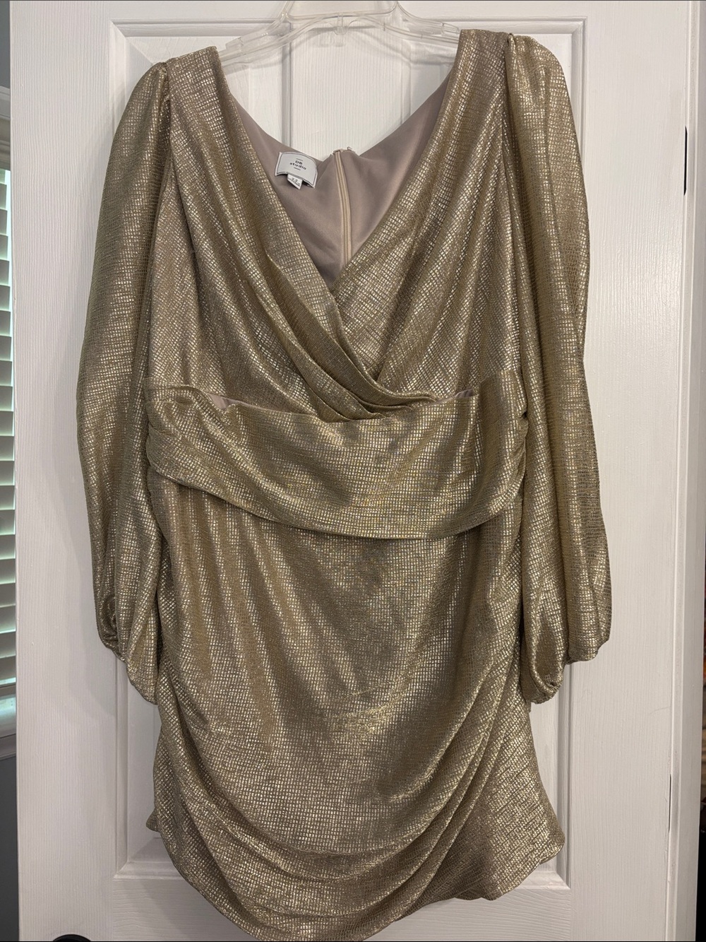 David's Bridal Metallic Gold Long Sleeve Draped Cocktail Dress